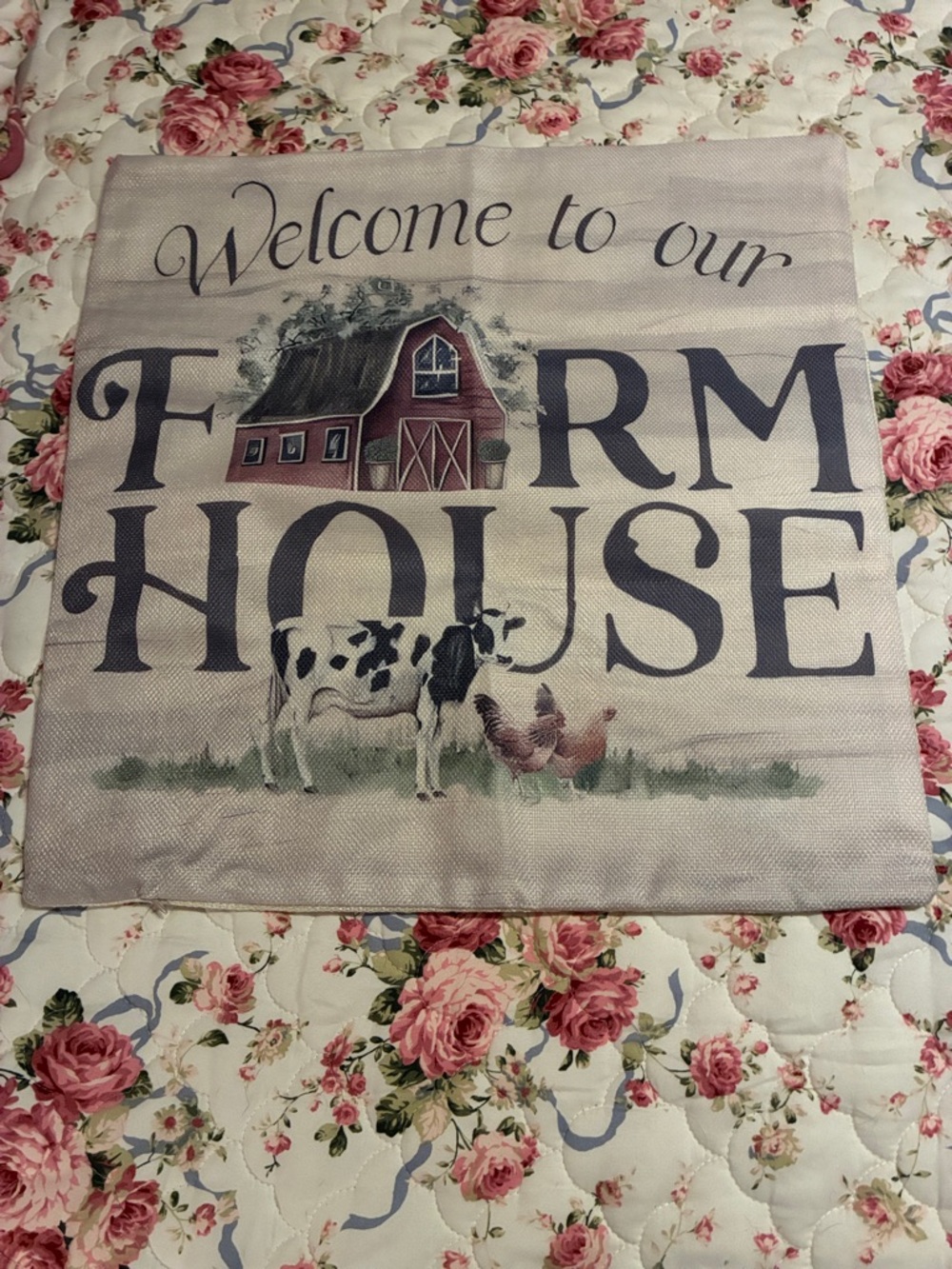 NWOT- Welcome to Our Farmhouse Decorative Pillow Cover - Neutral Farm Scene